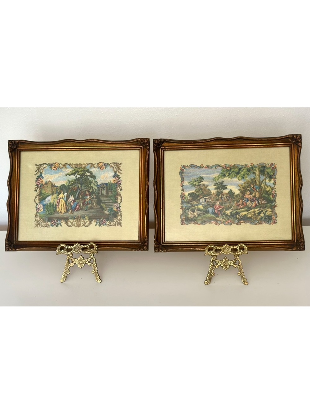 Vintage Victorian Style Courting Tapestries Ornate Gold Gilt Frames Pair